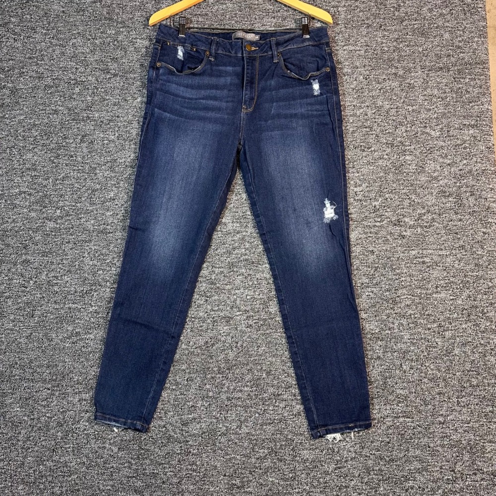 JUSTUSA Womens Distressed Skinny Jeans Dark Indigo Blue Frayed Hem Size 32